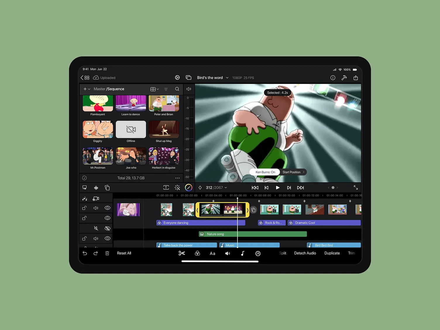 The image shows an iPad displaying a video editing app interface with a timeline, various video clips, and editing tools, set against a solid green background.