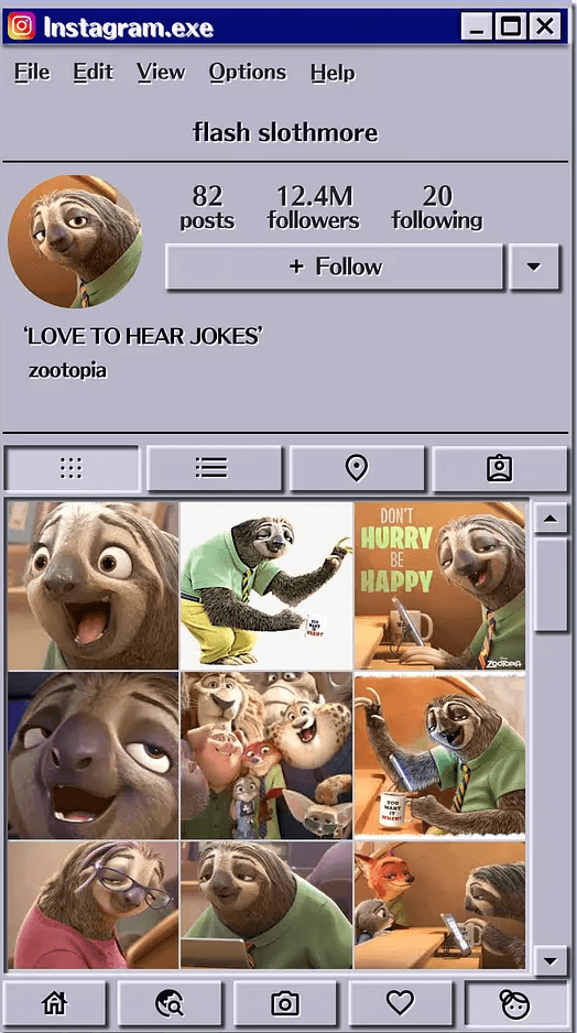 A social media profile styled like a vintage computer interface showcases a cartoon sloth with various humorous expressions and activities, featuring captions like "LOVE TO HEAR JOKES" and images related to the film "Zootopia."