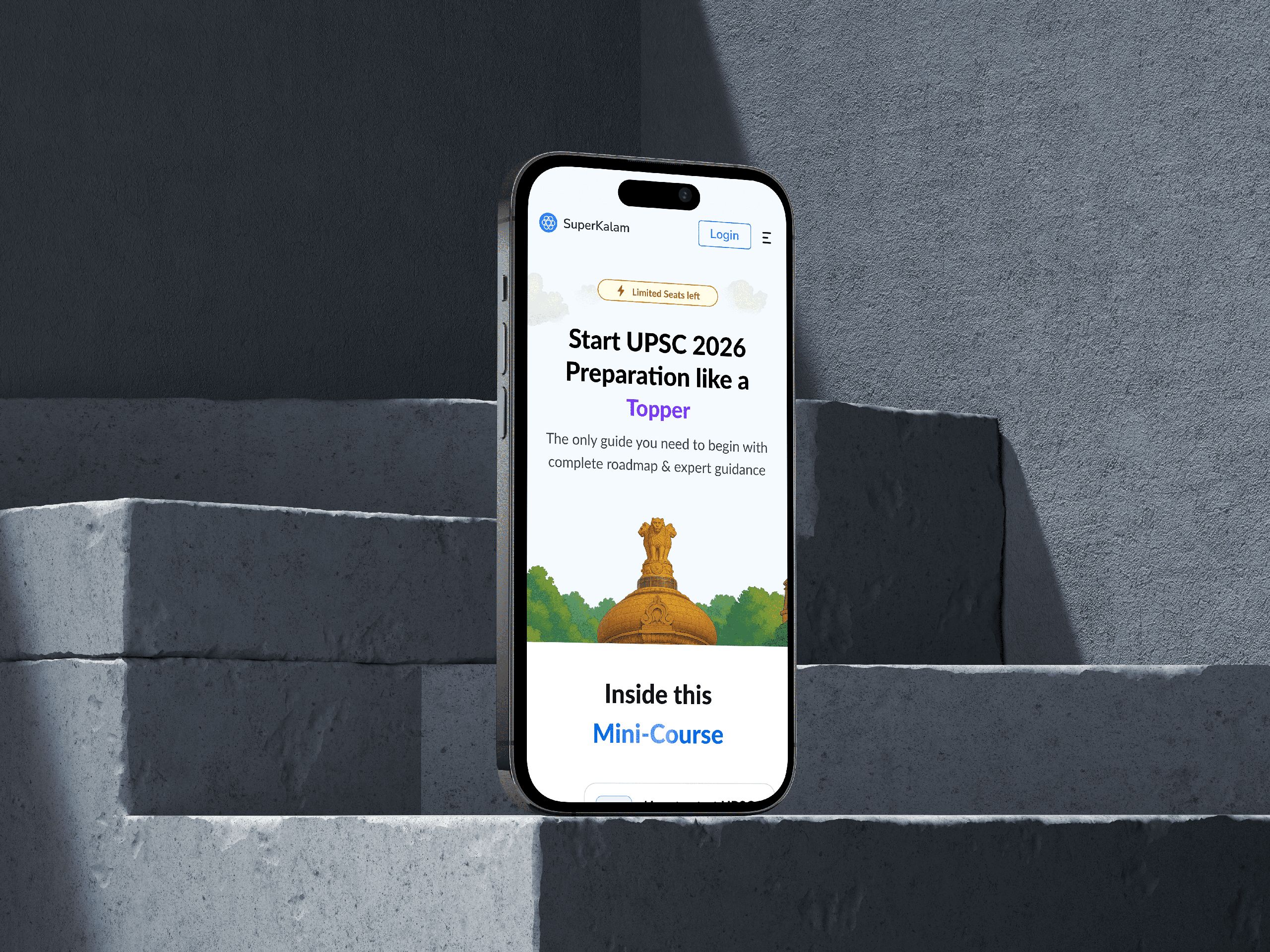 A smartphone displaying a UPSC 2026 preparation app rests on a sunlit concrete staircase, highlighting themes of education, technology, and study materials.